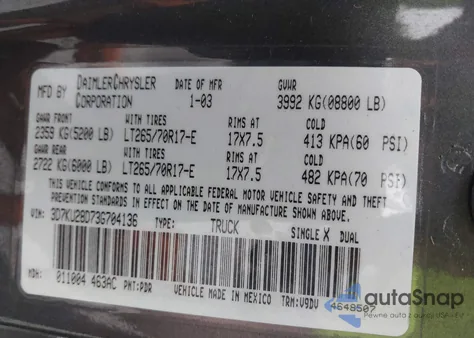 2003 Dodge Ram 2500 Slt/Laramie/St из США, поврежденный, VIN 3D7KU28D73G704136